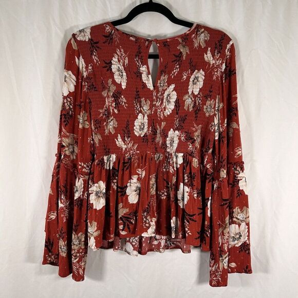 Torrid Blouse Women's 1 1X Brown Floral Bell Long Sleeve Round Neck Rayon - Picture 7 of 9